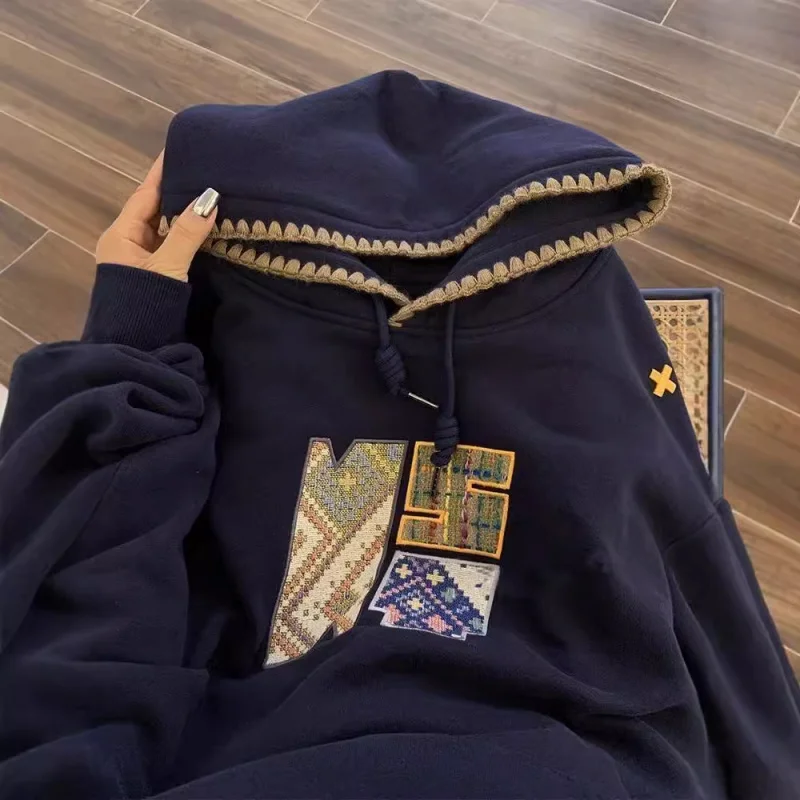 

National Trend Embroidered American Retro Hooded Sweatshirt Women's Autumn Winter Slim Loose Lazy Style Fleece Plus Size Top
