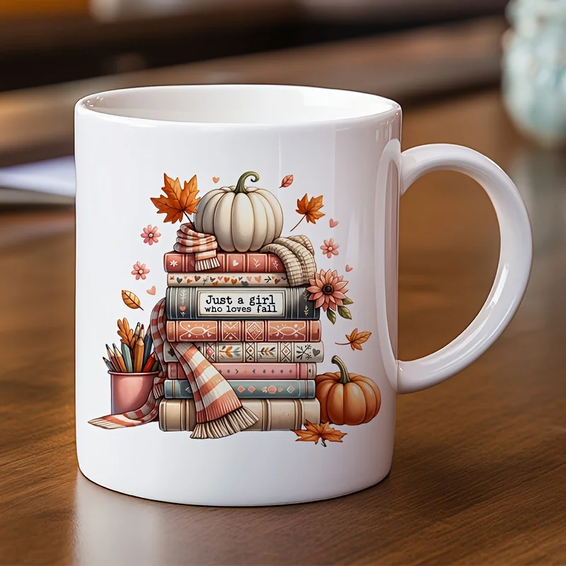 مجرد فتاة تحب كوب سيراميك الخريف - تصميم كتب الخريف والقرع، هدية مثالية لمحبي القهوة، هدية فريدة من نوعها
