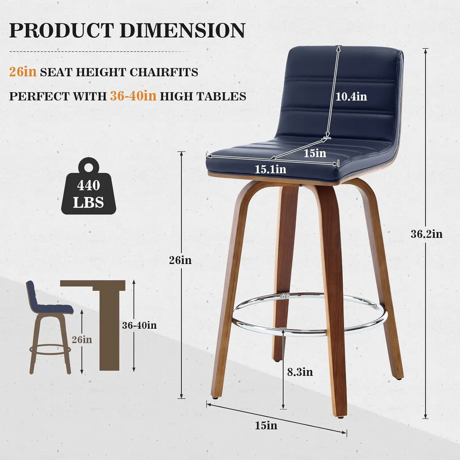 Bar Stools 26 Inch Counter Height, Set Of 2, PU Leather Swivel Counter Stools With Backs, L Shape Back And Bentwood, Customized