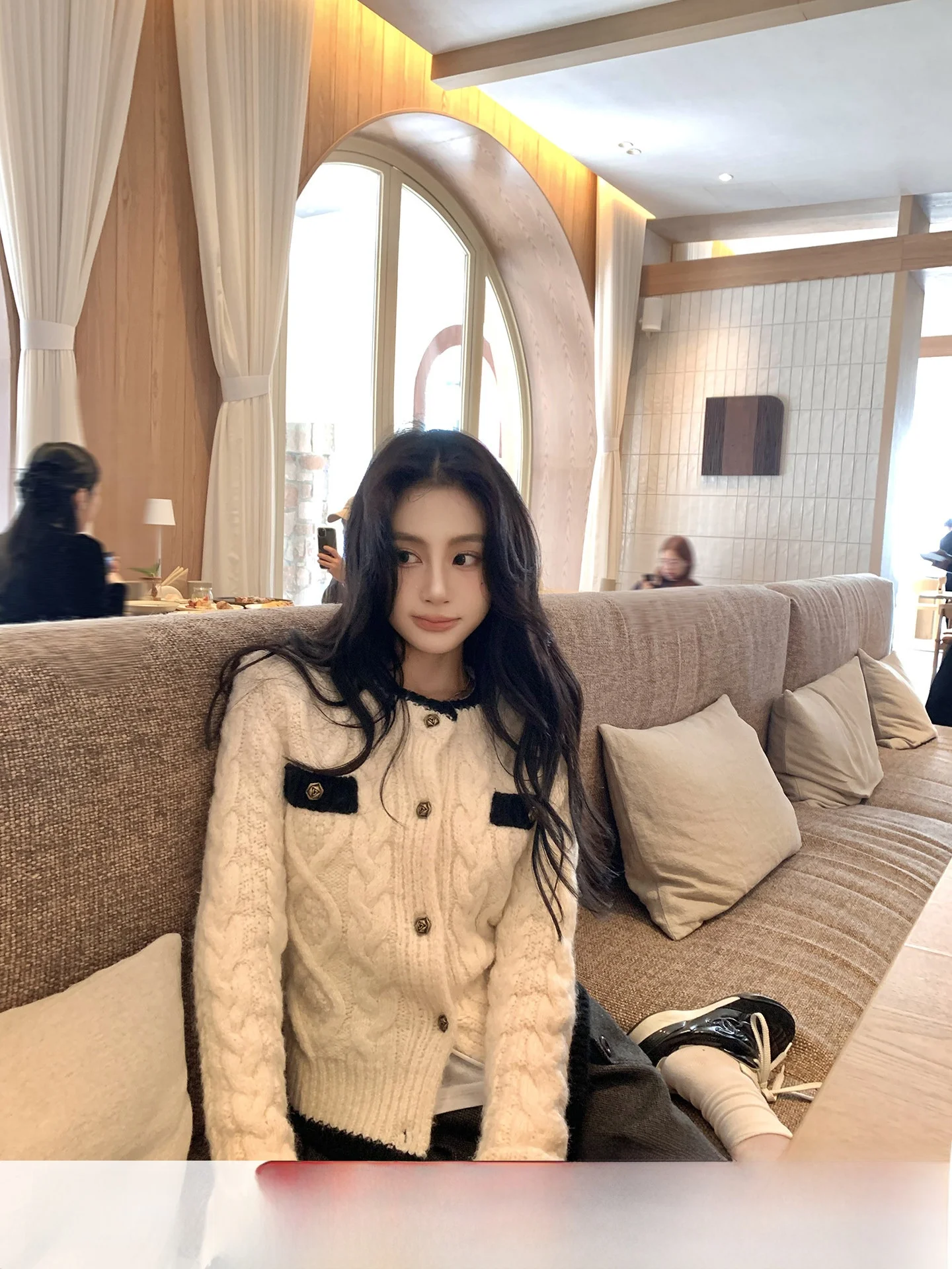 

Color Blo Knitted Woolen Cardigan ort Sle Women's Spring Faion Casual Wear round Ne Single Button Long Sve Top