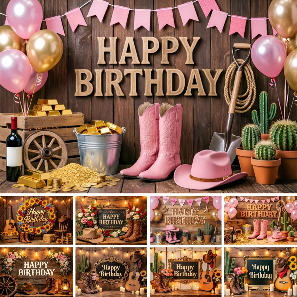 Western Farm Photography Backdrop Grey Wooden Board Flowers Boots Guitar Kids Aldult Birthday Party Decoration Photo Background