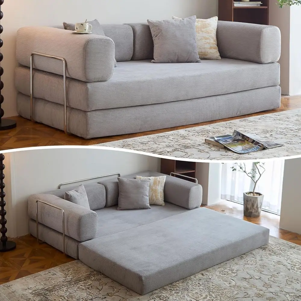 

Диван-кровать из вельветовой ткани с подлокотниками и спинкой – идеально подходит для гостиных, спален, студий – серый, в компрессионной упаковке