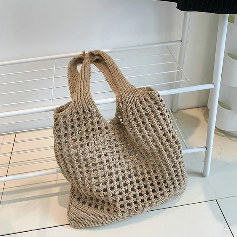 Bolsa de malha artesanal feminina, grande capacidade, malha oca, bolsa de ombro, bolsas de praia de verão, bolsas de compras, moda