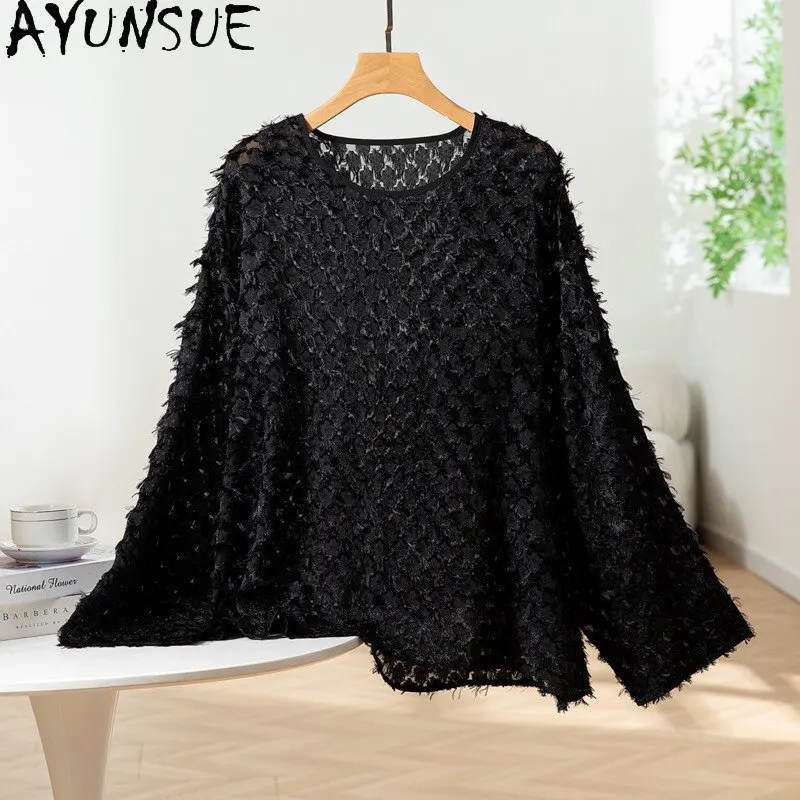 

AYUNSUE 100% Silk Woman Tops Stylish Long Sleeve Tops for Woman High Quality Black Shirt Casual Spring Woman Clothes 2026 Топ