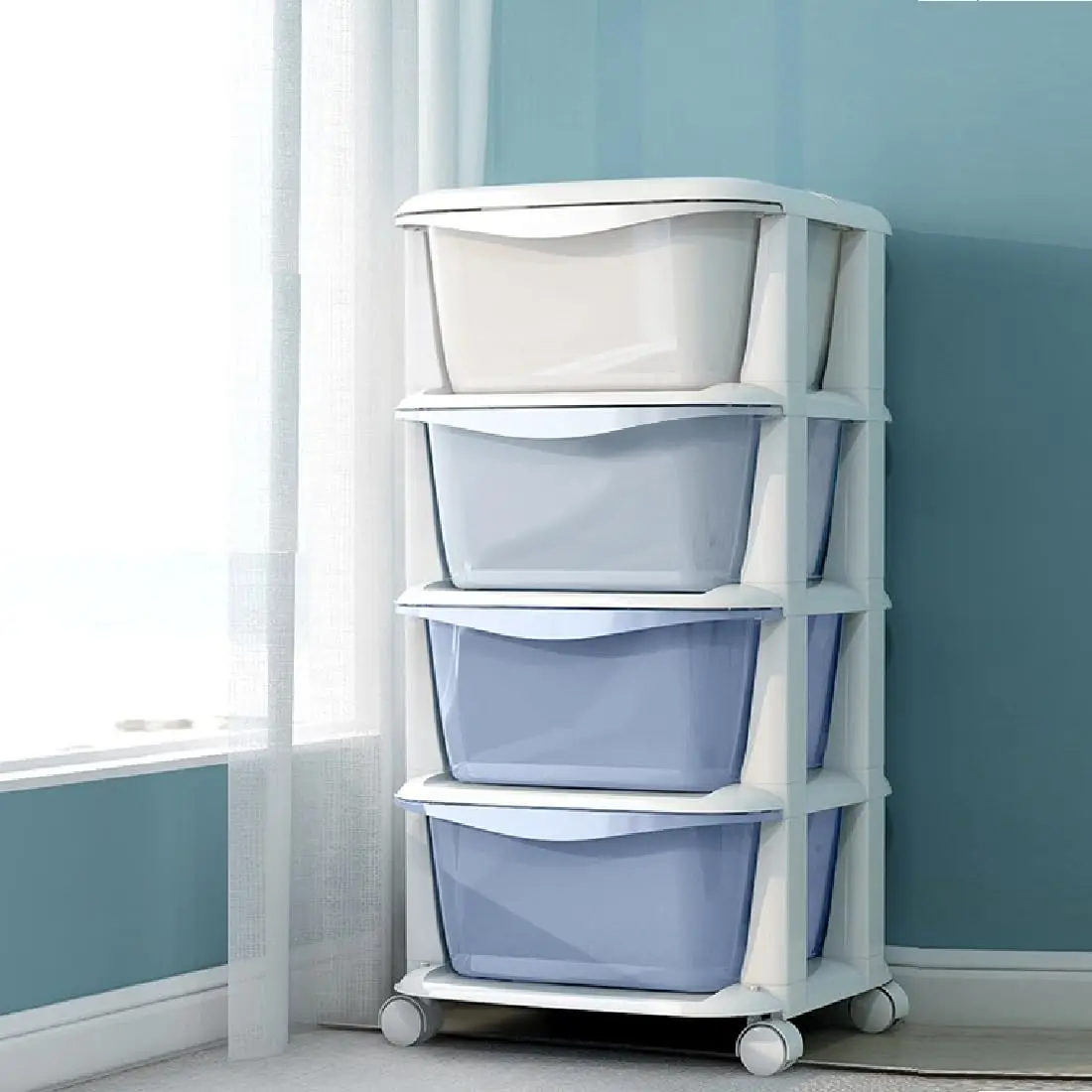 4 Tier Rolling Storage Drawer Cart, Plastic Storage Trolley with Wheels 4 Drawer Organizer Bins Utility Cart for Living Room Bat