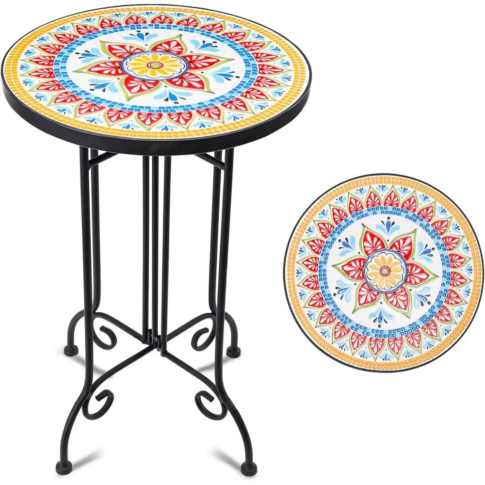 

Мозаичный уличный приставной столик, круглый стол для патио с 14-дюймовой столешницей из керамической плитки, акцентный столик для крыльца или сада, для использования в помещении или на улице