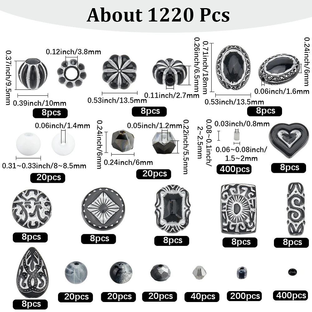 1220Pcs 19Styles Bohemia Acrylic Beads Assorted Czech Beads Bulk Black Glass Vintage Gold Metal Enlaced Heart Oval Loose Spacers