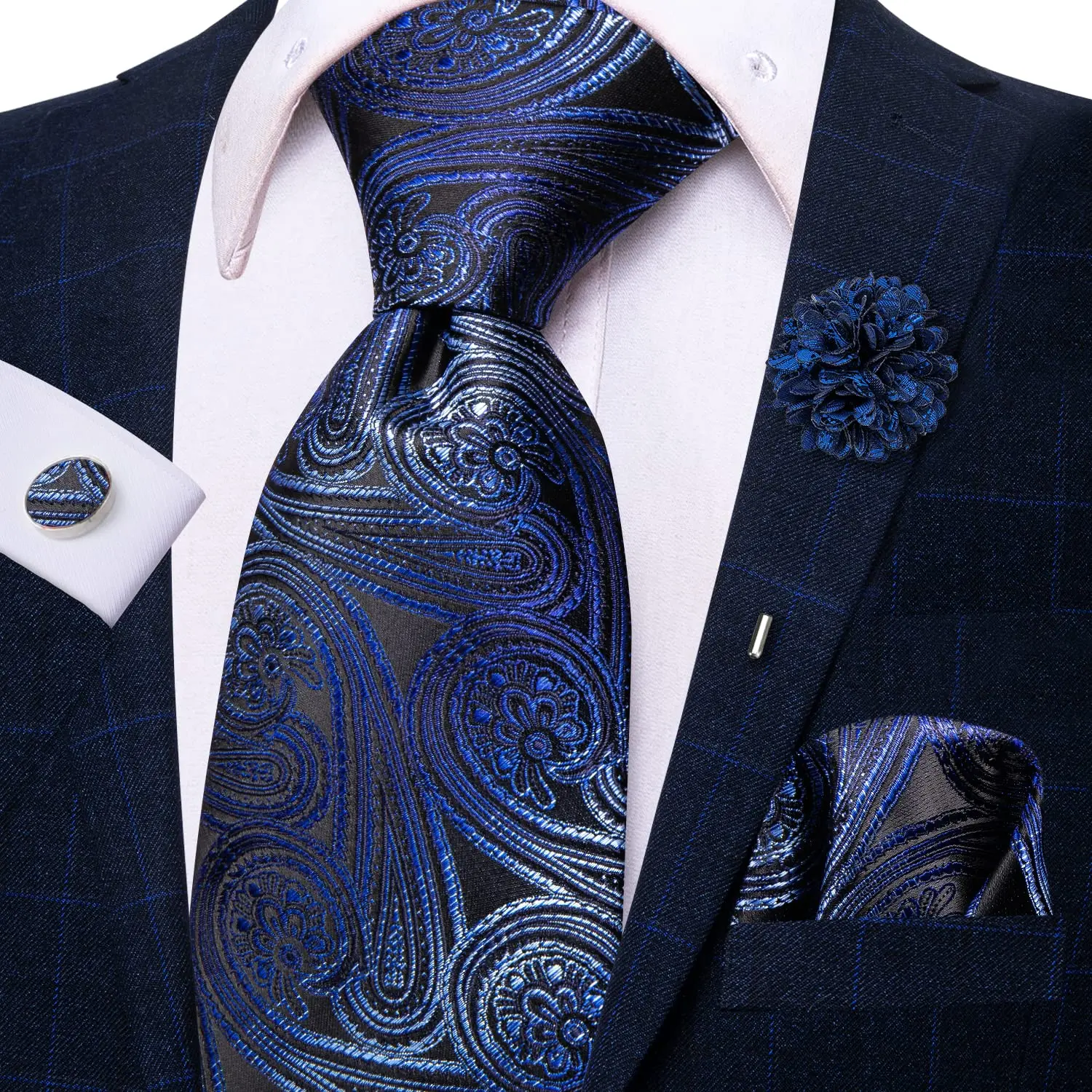 

Hi-Tie Designer Navy Blue Paisley Mens Necktie Luxury 8.5cm Silk Business Tie Hanky Cufflinks Brooch Wedding Tie Gift For Men