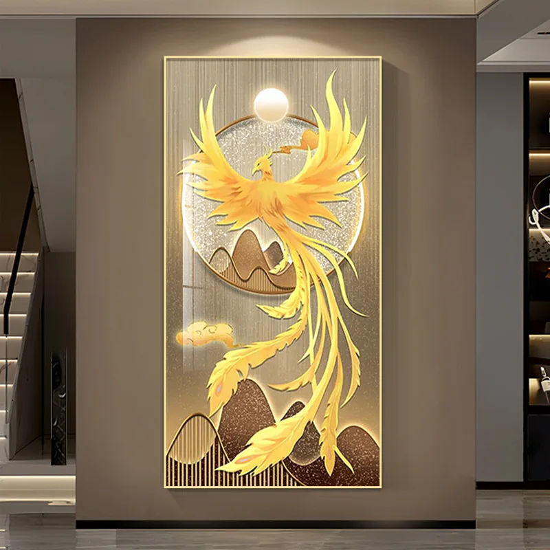 

New Chinese Style Luxury Golden Phoenix Canvas Painting Fengshui Animal Peacock for Porch Living Room Decor No Frame Cuadros