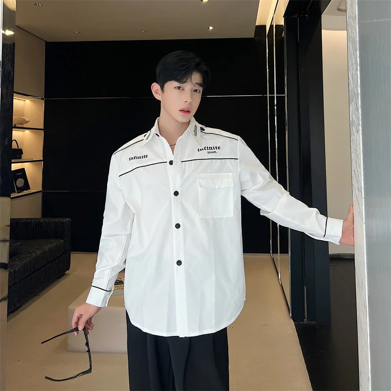 

Белая мужская рубашка с длинным рукавом, весенне-осенняя, модная, с принтом мотоцикла, повседневная, приталенного кроя, молодежный тренд