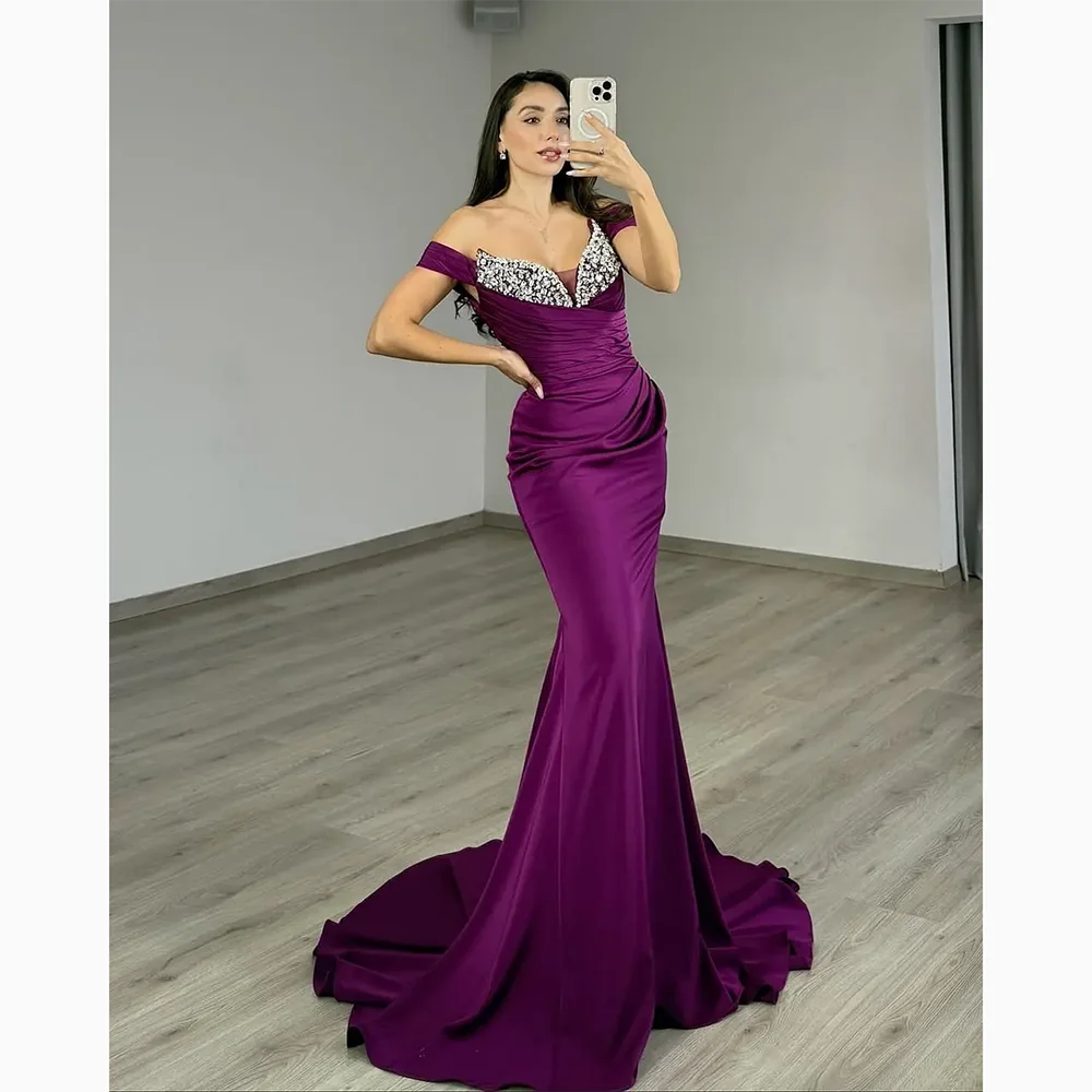

Вечернее платье с открытыми плечами по индивидуальному заказу, элегантное вечернее платье для выпускного вечера, фиолетовое платье русалки длиной до пола, платье для выпускного вечера 2026