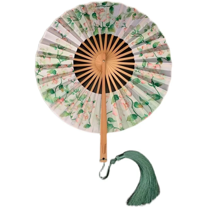 Chinese Style Green Jasmine Flower Crane 360 Degrees Folding Fan round Fan Ancient Style Cheongsam Hanfu Dance Fans Portable