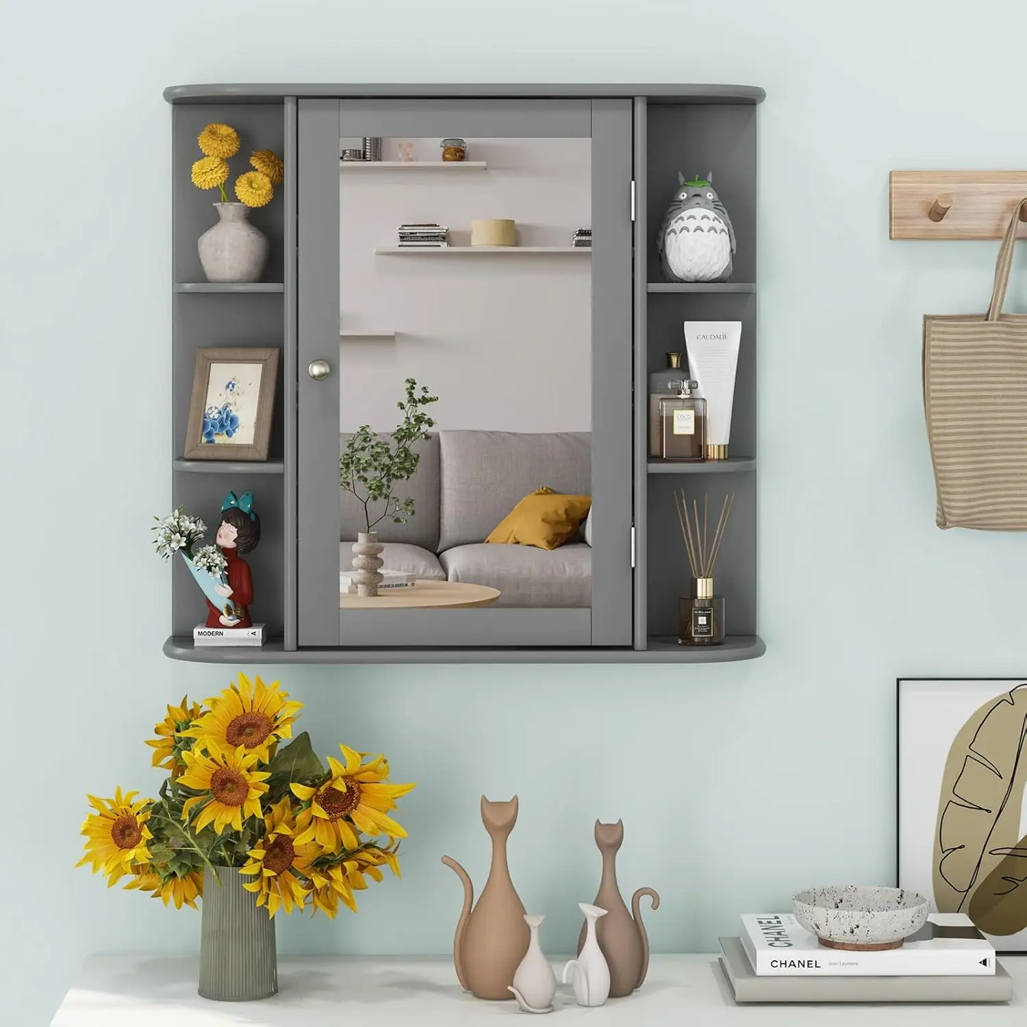 Tangkula Bathroom Medicine Storage Cabinet with Mirror Wall Mounted W/Mirror Door 6 Open Shelves Adjustable Shelves Gray