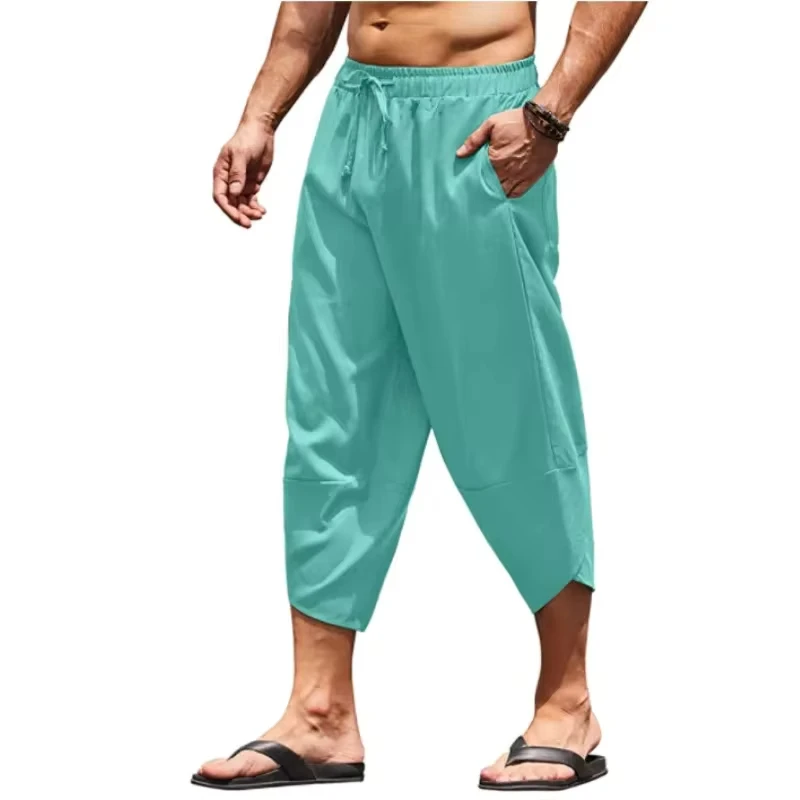Fashion Harajuku Summer Beach Hawaii Harem Casual Pants Men Wide Leg Cotton Linen Calf Length Baggy Pants Fashion Men's Clothing