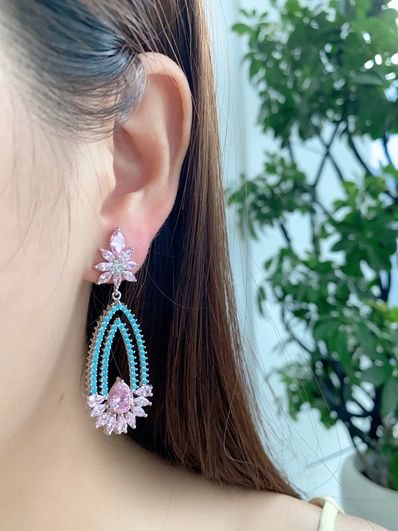 SENYU Luxe Oval Teardrop Floral Earrings Blush&Emerald Teardrop Zircon Silver-Plated Jewelry for Anniversaries Weddings Soirées