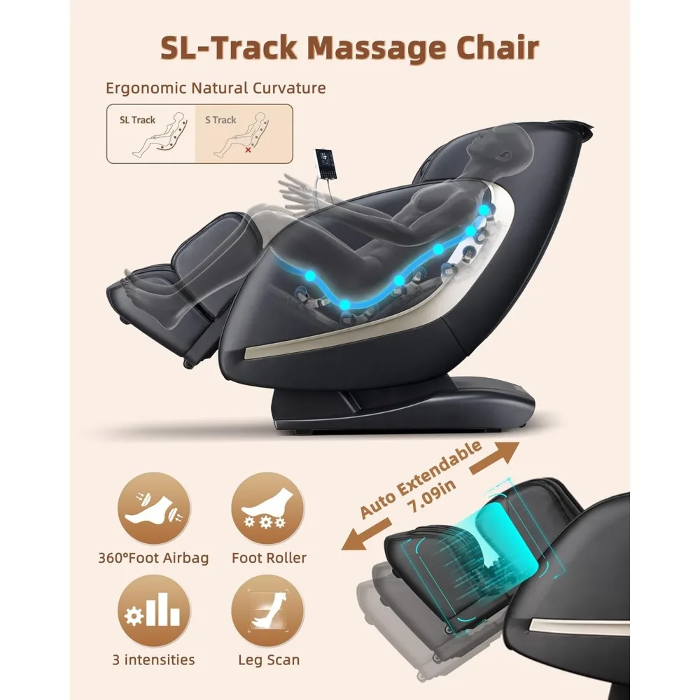 Fauteuil de massage 4D avec extension automatique des jambes, taille arrière, chaleur du mollet, balayage des jambes du corps, piste SL, fauteuil inclinable de massage à essence commandée pour le yoga