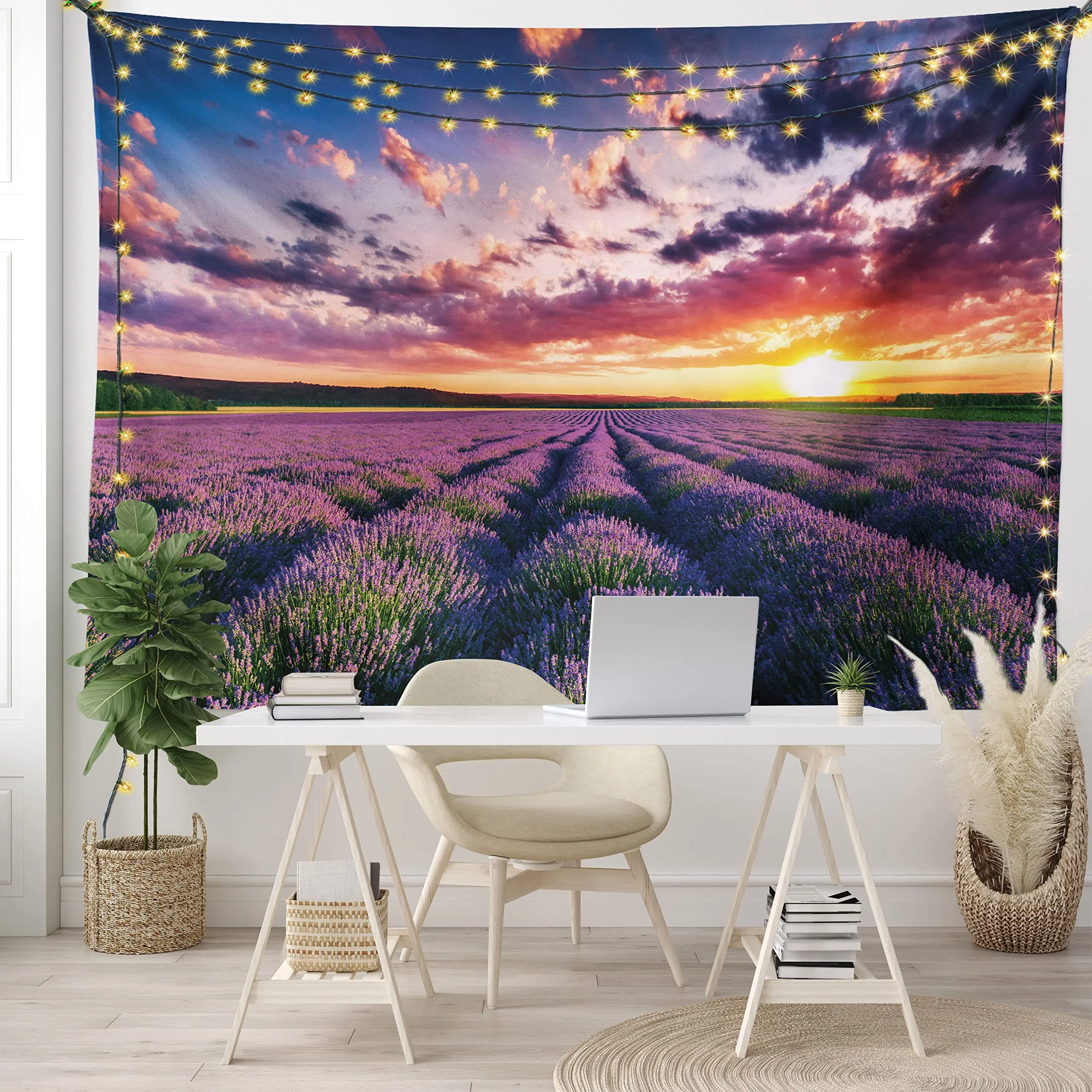 Lavender Tapestry,Blooming Fields in Rows Tapestry Aromatherapy Countryside Tapestry Wall Hanging for Bedroom Living Room Dorm