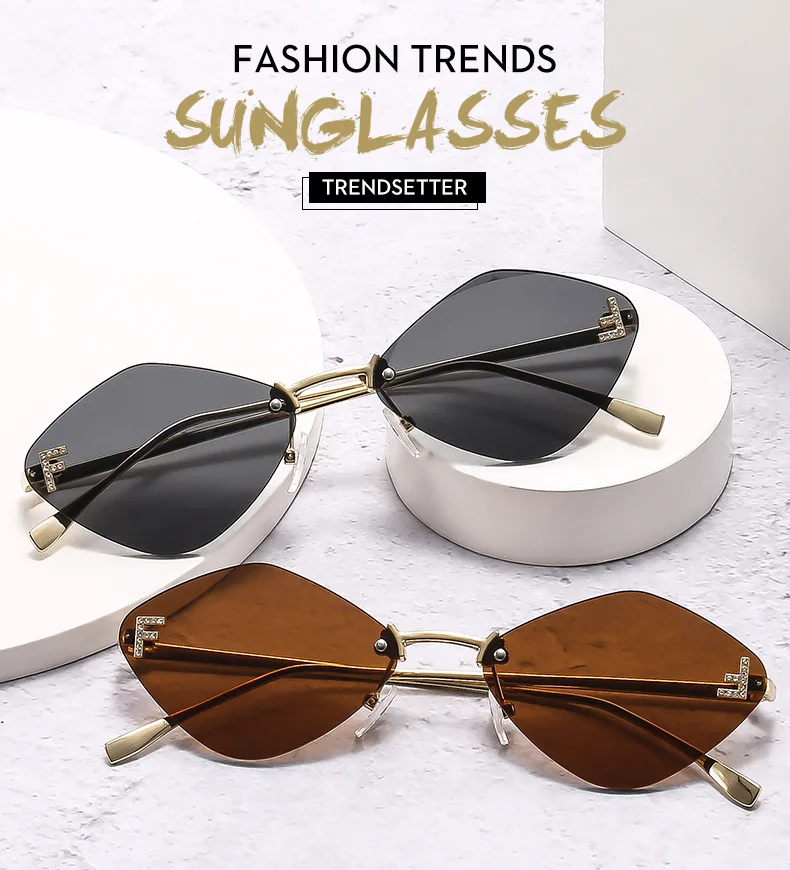 Trendige randlose rautenförmige Sonnenbrille F Damen-Sonnenbrille der Luxusmarke Damen klassische elegante Brillenschirme – Detail 1