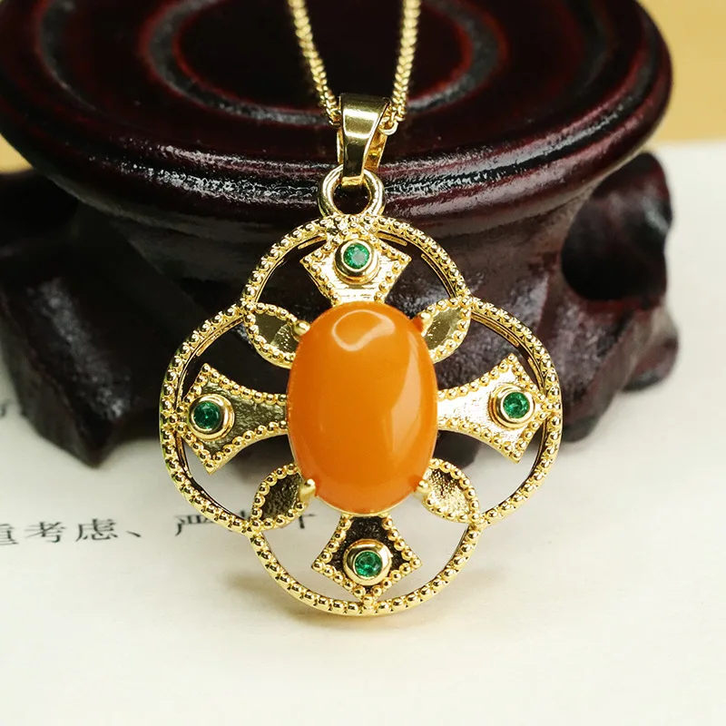 Natural Amber Pendant Old Honey Wax Petal Necklace Jewelry