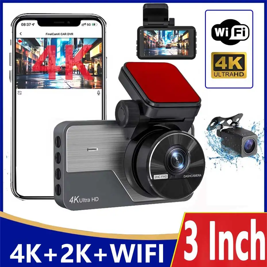 

Mini Hidden Dash Cam 4K 2160P WDR 3'' IPS Screen Car Front Camare Built-in WiFi 2K Rear Lens Night Vision 24H Parking Moder 170°