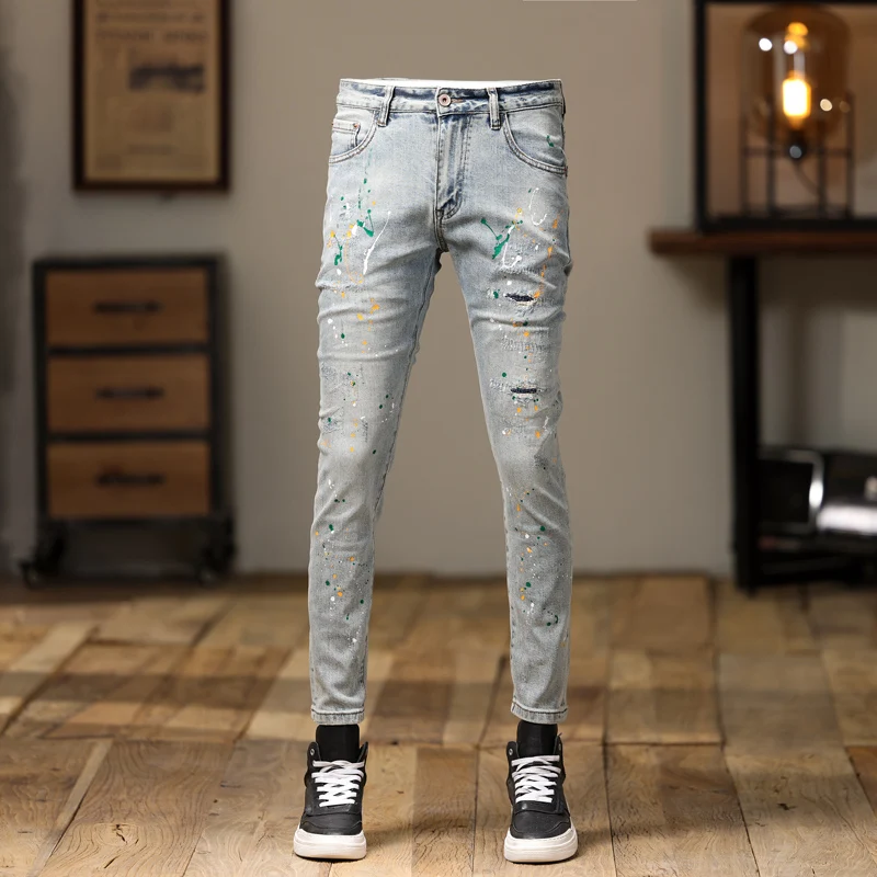 

High Street Fashion Men Jeans Retro Light Blue Painted Designer Stretch Slim Ripped Jeans Men Hip Hop Denim Pencil Pants Hombre