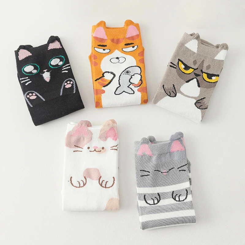 5 Pairs Women Socks Four Seasons Kawaii Cartoon Cat Animal Cute Cotton Casual Harajuku Female Breathable Funny Socks For Ladies