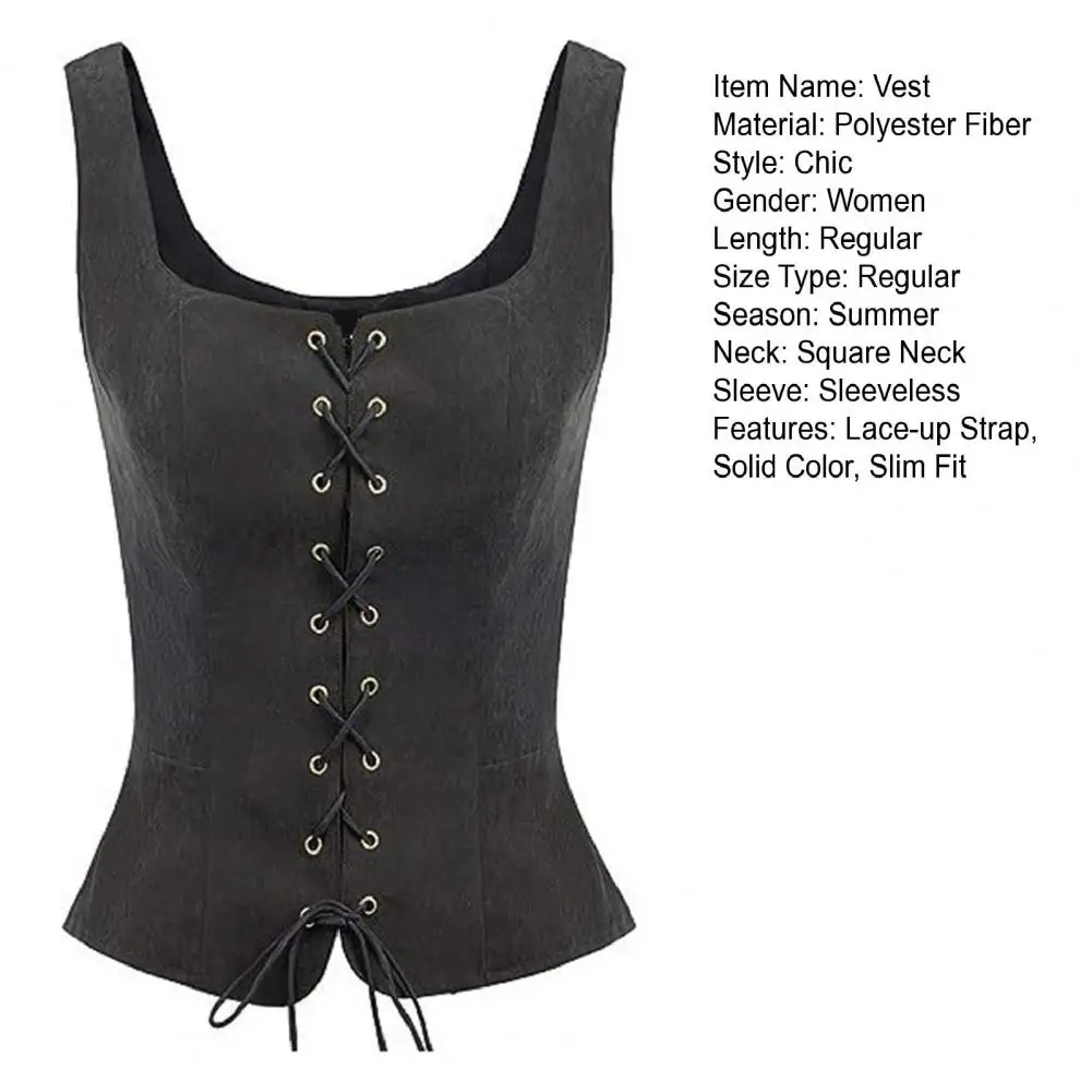 Lady Vest Lace-up Strap Renaissance Vinatge Square Neck Sleeveless Medieval Slim Fit Solid Halloween Cosplay Performance Top