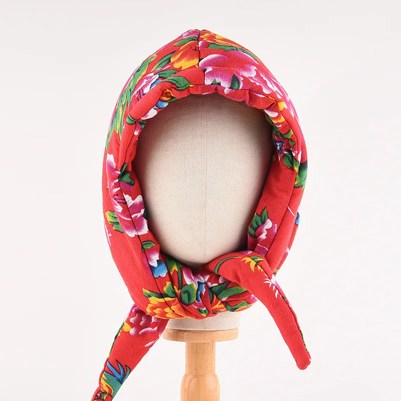 Northeast Big Flower Cloth Headgear Women\'s Winter Cotton Headscarf Hat Ethnic Style Village Girl Warm Ear Protection Bomber Hat