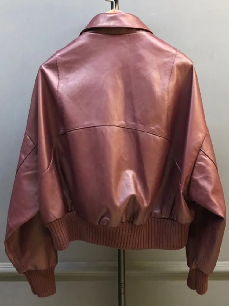 مكتب أنثى بلون التلبيب سترة جلدية حقيقية فضفاضة طويلة الأكمام جيب جلد الغنم مرونة الخصر ملابس خارجية عالية الجودة