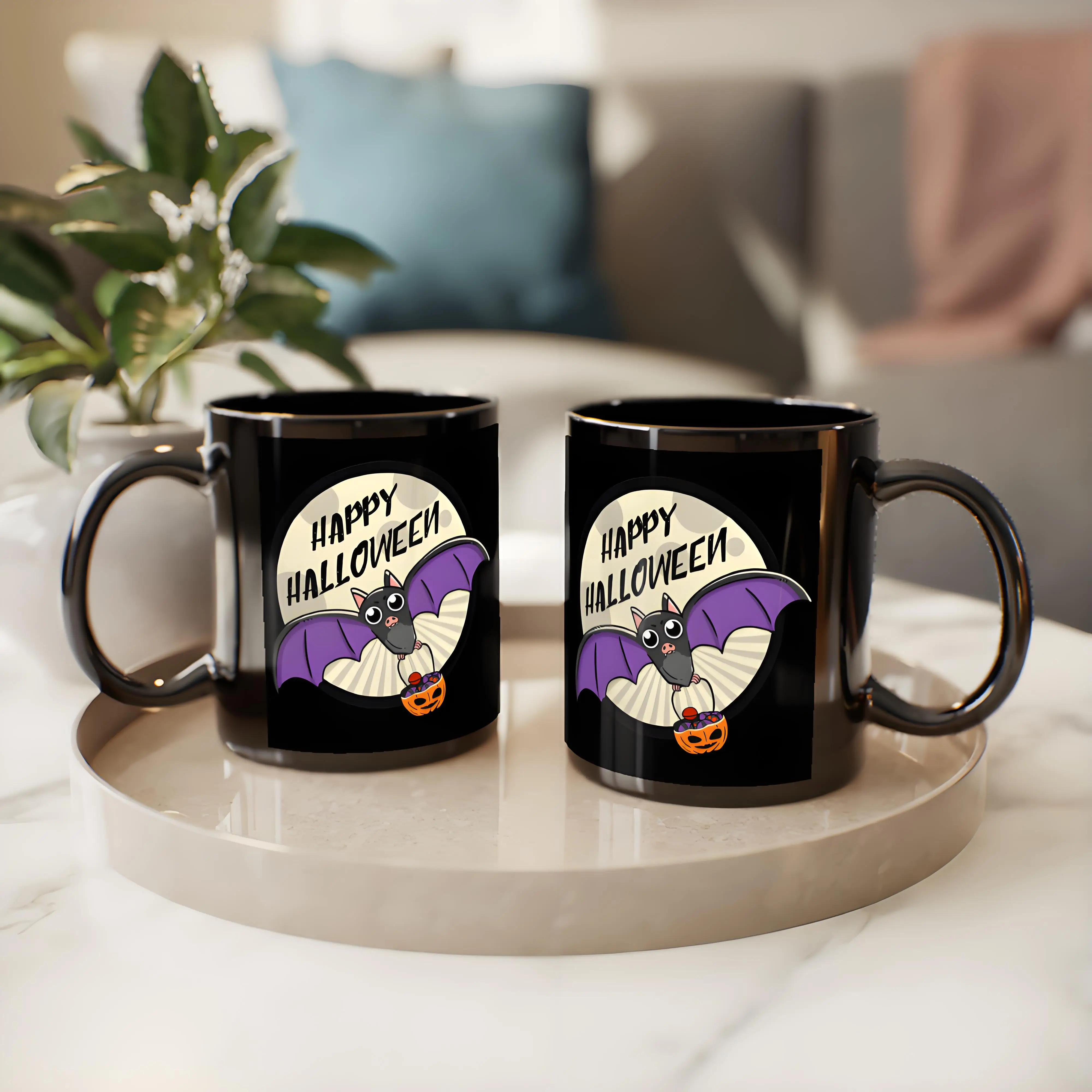 

Black coffee mug, bat blessing pattern, Halloween gift, eco-friendly ceramic drinkware, 11 ounces, reusable