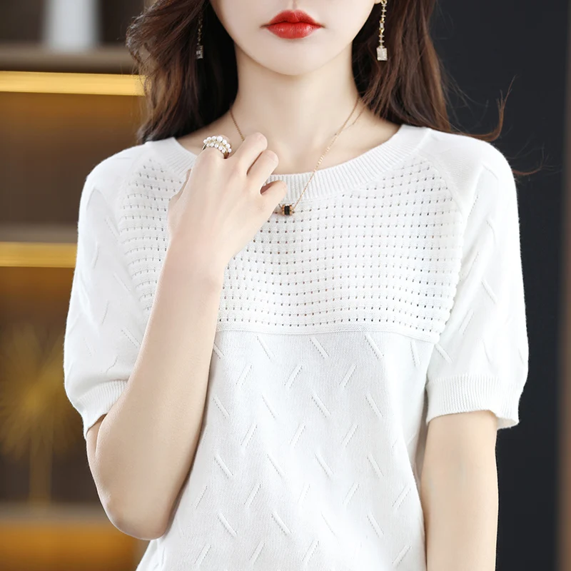 100% cotton short sleeve 2023 summer new women\'s round neck pullover loose knit solid color top casual vest fashion T-shirt