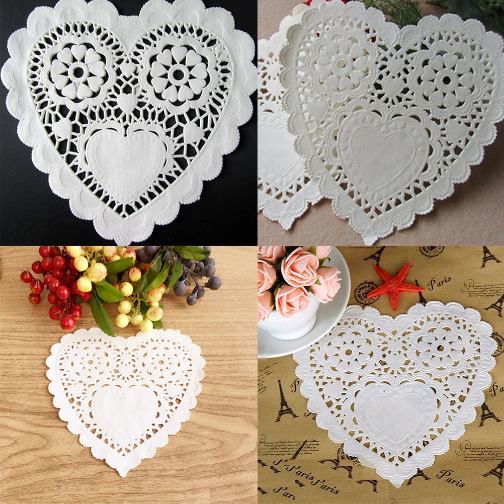 

100Pcs Love Heart Hollow Floral Paper Doilies Cake Baking Placemats Party Wedding Table Decor Placemats