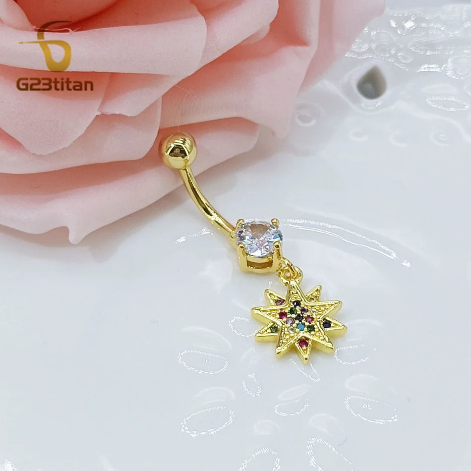 14G المضادة للحساسية التيتانيوم الفني ثمانية عون ستار البطن خاتم على شكل زر ملون الزركون السرة ثقب الحدائد الذهبي العربية مجوهرات