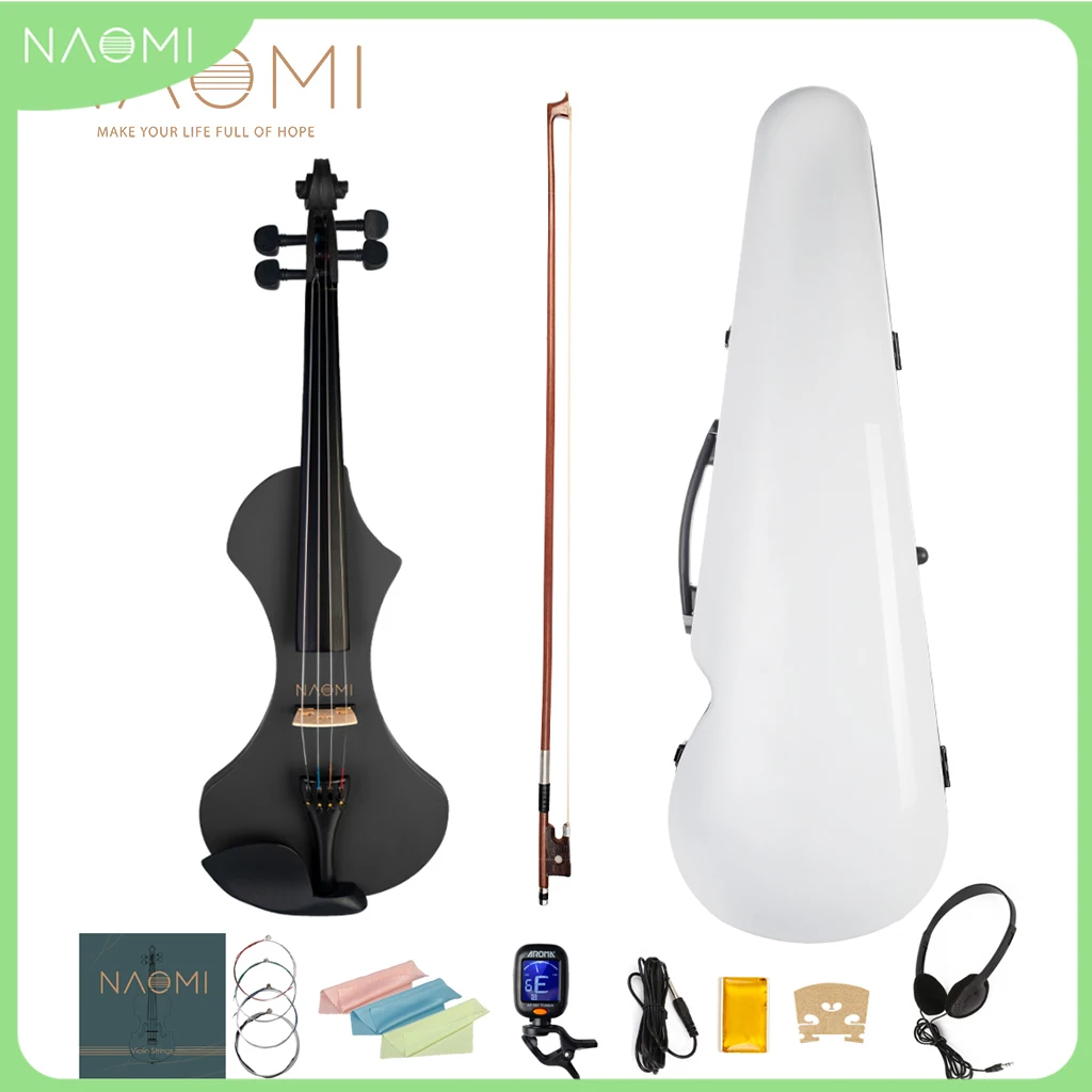 

NAOMI 4/4 Electric Violin Triangle Violin Case Carbon Fiber Kit w/ Violin Tuner+Brazilwood Bow+Violin Strings+Bridge Whole SET