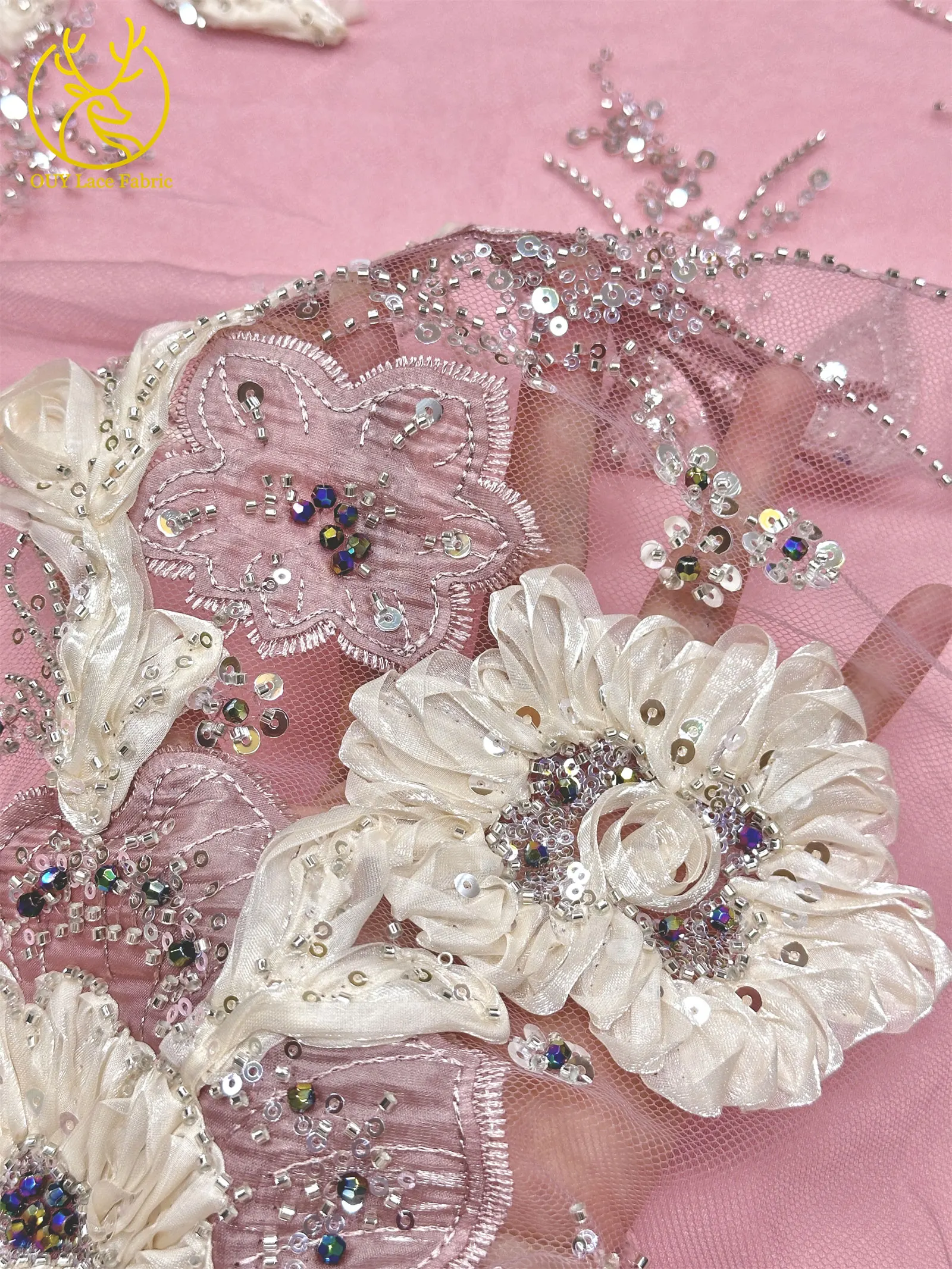 3D Handgefertigter Stickerei-Tüll-Spitzenstoff 2026 Afrikanischer Pailletten-Perlen-Spitzenstoff Nigerianischer Brautkleid-Spitzenstoff DIY Nähstoff – Detail 10