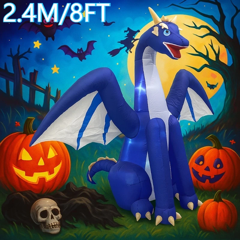8FT Inflatable Toys Halloween Holiday Lighting Blue Dragon Decoration Built-in LED Lights Inflatable Model Party Garden Decor