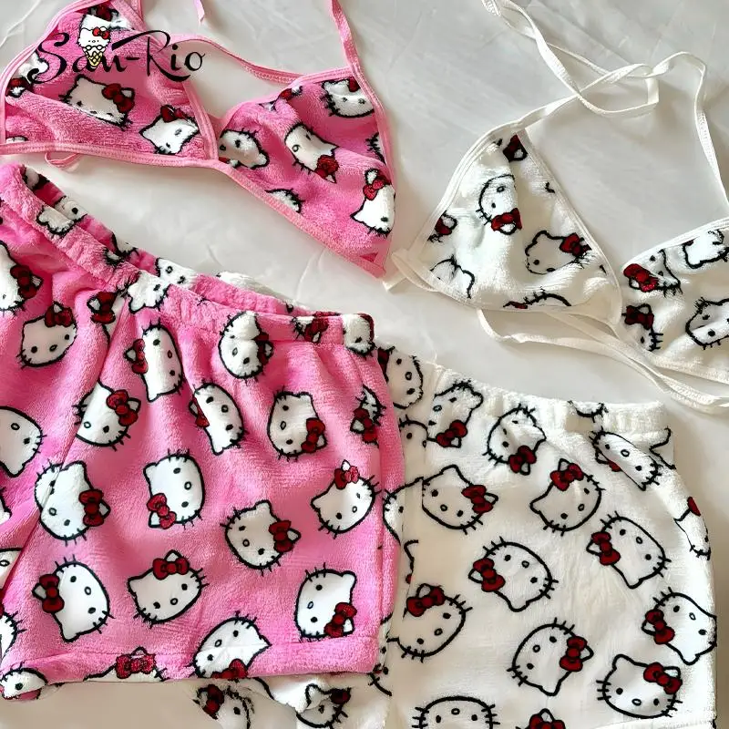 

Sanrio Hello Kitty Plush Women's Pajamas Set Sleepwear 2Pcs Short Tank Tops and Shorts Sexy Homewear Women Pink Warm Bra Sets