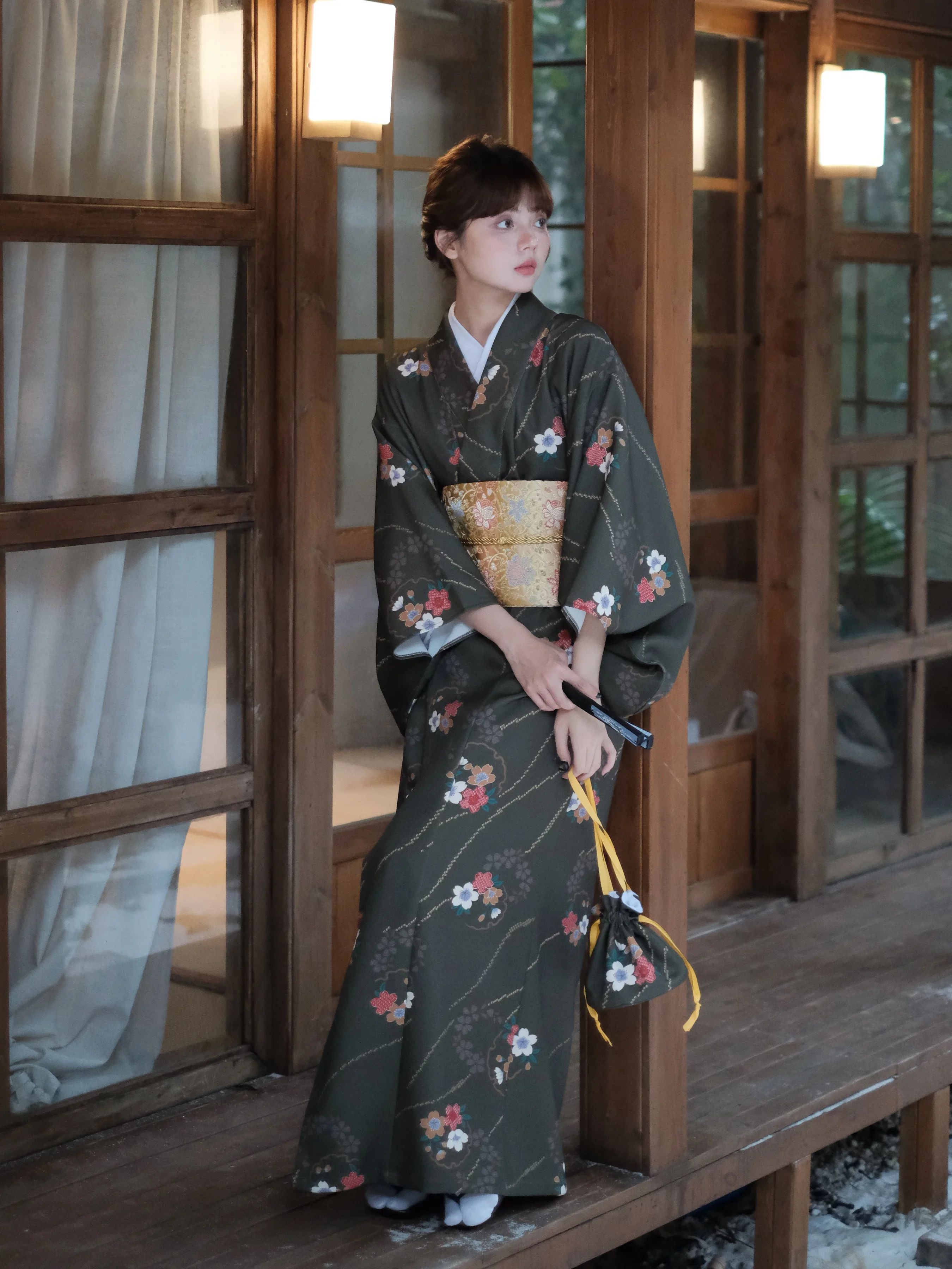 Dark Green Women's Japanese Kimono Floral Prints Photo Shooting Dress Beautiful Modified Formal Yukata Cosplay Costume