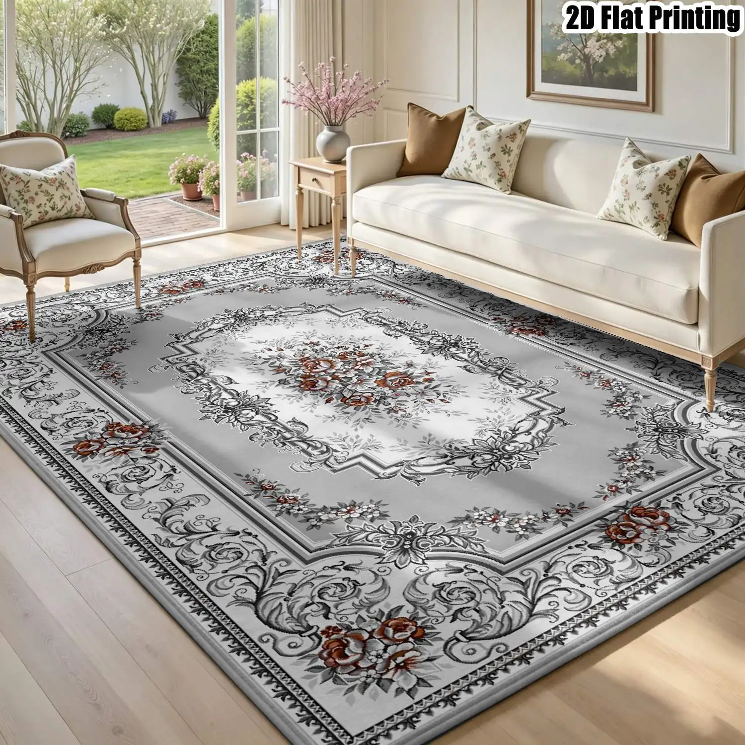 1Pc 2D Printed 1Pc Carpet: Gray White Retro Floral, Vintage Geometric Bohemian Styles Multi-Size, Machine Washable, Ideal Home Decor for Entrance, Dining, Foyer, Living Room, Bedroom.