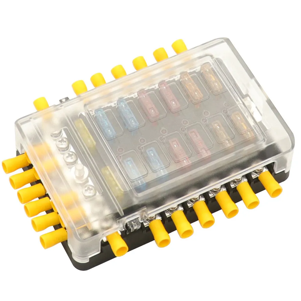 

12 Ways Fuse Box Holder LED Warning Indicator Pa66 Flame Resistant Design Rotatable Transparent Cover Car Boat Marine
