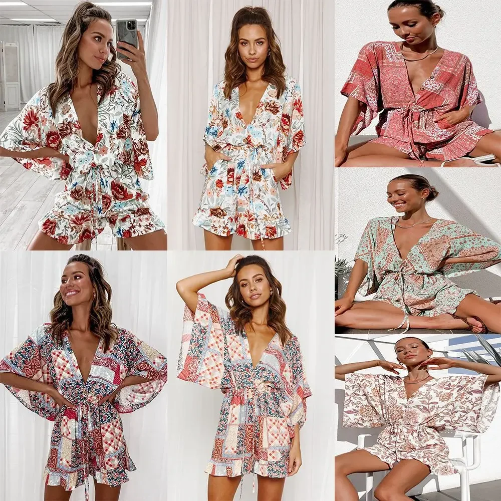 Hot Selling Women's Clothing In 2025 Summer, Printed V-neck Ruffle Short Sleeve Loose Casual Jumpsuit, Commuter Shorts Suit