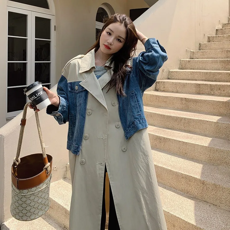 Denim Stitching Trench Coat For Women 2023 Spring New Lapel Double Breasted Loose Fashion Long Windbreaker