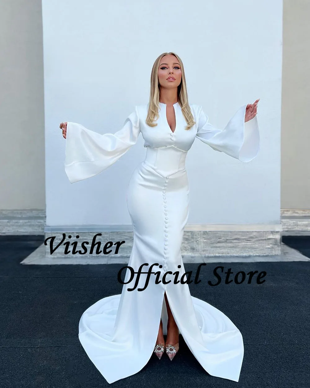 Visher weiße Satin Meerjungfrau Brautkleider für Braut Flare Langarm V-Ausschnitt Brautkleider mit Schlitz engen Bodycon Brautkleid