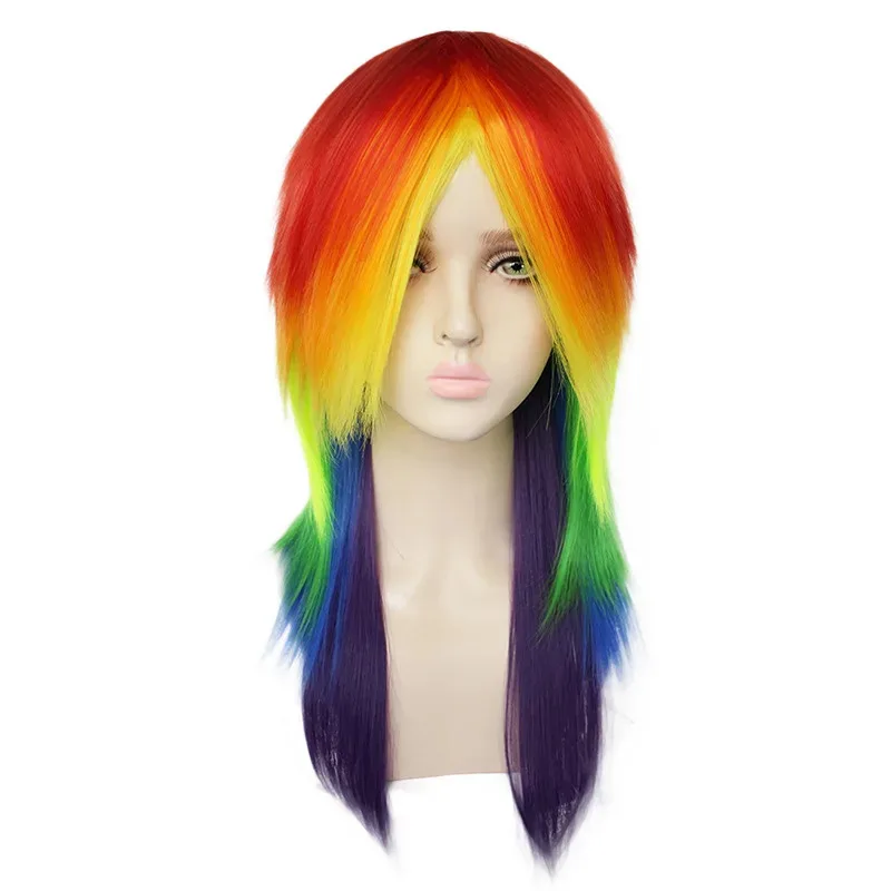 

qq45Rainbow Color Long Curly Wavy Synthetic Costume For Halloween Party Harajuku Style Cosplay Wig