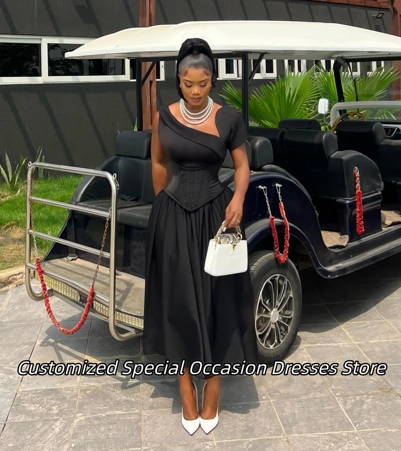 Zwart Satijn A-lijn Avondjurken Delicate Kralen Lange Prom Dress Aangepaste Bruiloft Jurken Voor Vrouwen Vestido De Festa