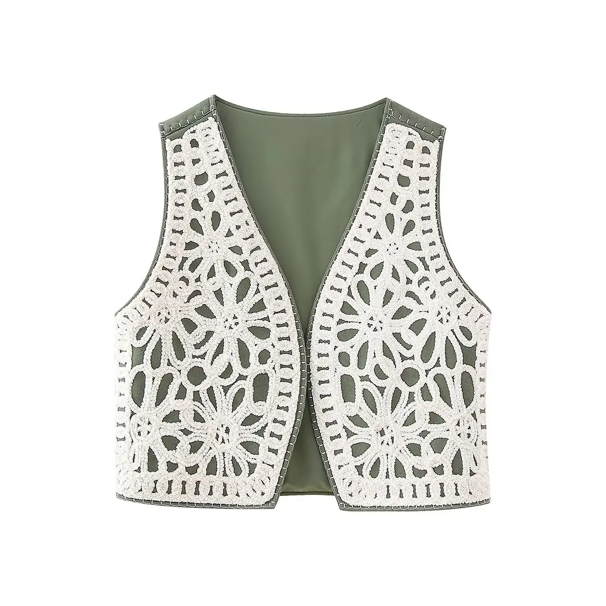 Women Ethnic Green Embroidery White Flower Open Stitching Waistcoat BOHO Vest Jacket Outfits Casual Vacation Crop Top