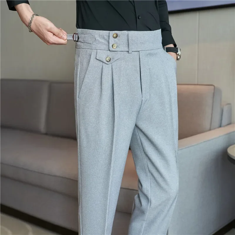 High Waist Men Suit Pants 2024 British Style Casual Dress Pants Men Slim Fit Trousers Formal Office Wedding Party Pantalon Homme