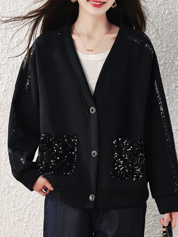 Shiny Sequin Splice Loose Fit Slimming Meat Concealing V-Neck Fashion Outerwear Autumn New Arrival Women's Short Coat