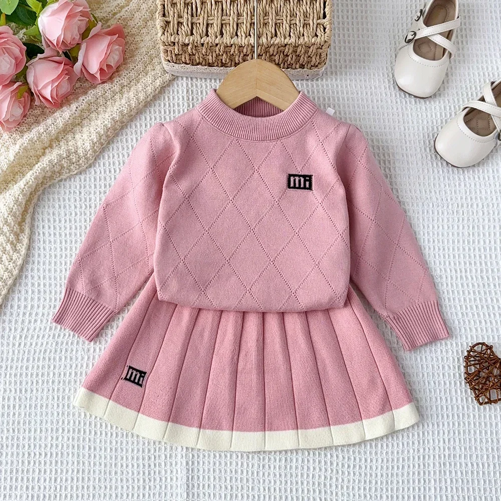 

Girls Knitted Clothes Sets Spring Autumn Sweater Letter Printed Round Neck Top+pleated A-line Skirt 2pcs Suit Kids Girl Clothes