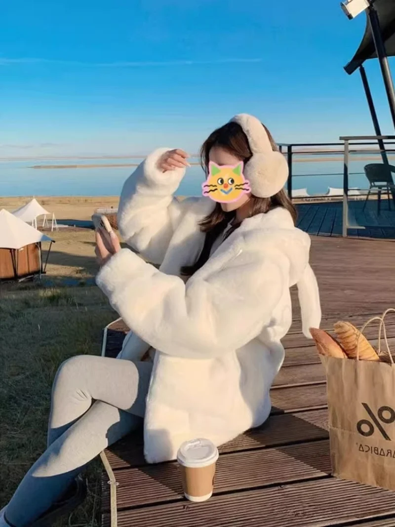 Kurtka damska zimowa 2025 z grubego polaru wełnianego z uszami królika \"Milk Rabbit\", nowa, miękka, bawełniana odzież, pluszowy płaszcz, odzież wierzchnia W350